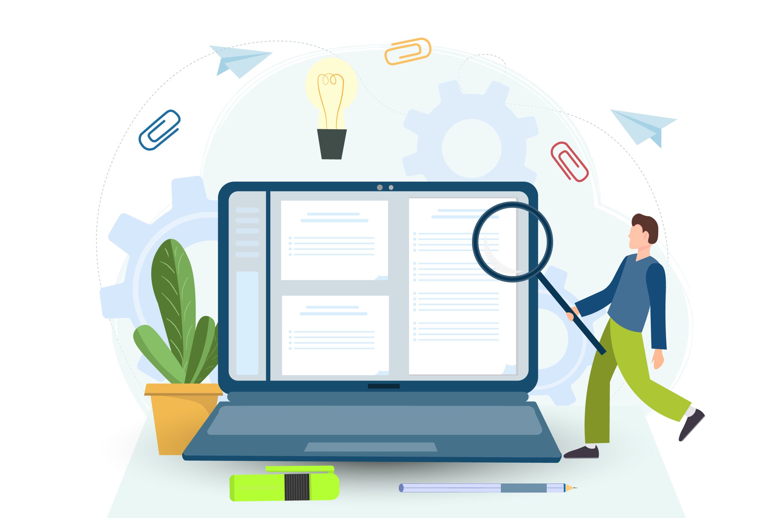 Man holding magnifying glass and examining document at the screen of laptop